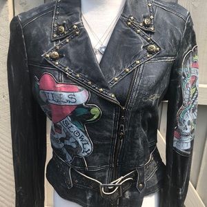 Ed Hardy distressed leather motorcycle jacket